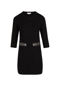 Robe en maille noire à manches trois-quarts, avec deux poches zippées en diagonale dotées de ferrures argentées. Texture lisse, silhouette ajustée.