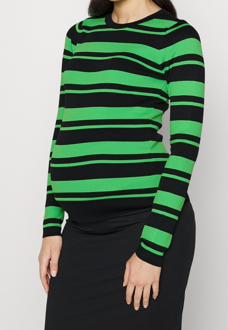 Schwarz-grün gestreifter Pullover mit langen Ärmeln, aus geripptem Strickstoff gefertigt. Verfügt über einen Rundhalsausschnitt und eine figurbetonte Silhouette.