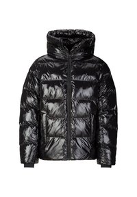 Schwarze Pufferjacke aus glänzendem, gestepptem Material, mit Kapuze, Reißverschluss vorne und elastischen Bündchen; verfügt über ein rechteckiges Steppmuster und Taschen.