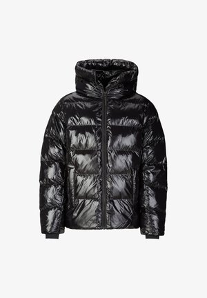 Schwarze Pufferjacke aus glänzendem, gestepptem Material, mit Kapuze, Reißverschluss vorne und elastischen Bündchen; verfügt über ein rechteckiges Steppmuster und Taschen.