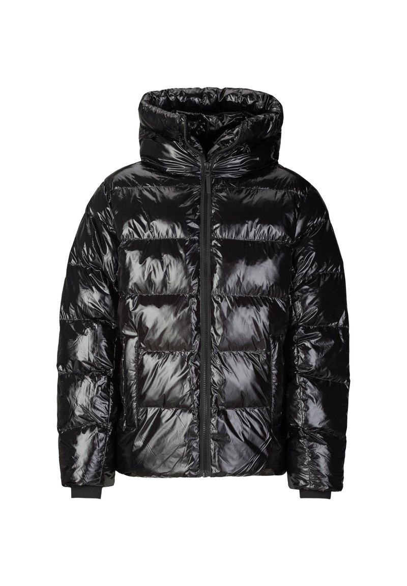 Schwarze Pufferjacke aus glänzendem, gestepptem Material, mit Kapuze, Reißverschluss vorne und elastischen Bündchen; verfügt über ein rechteckiges Steppmuster und Taschen.