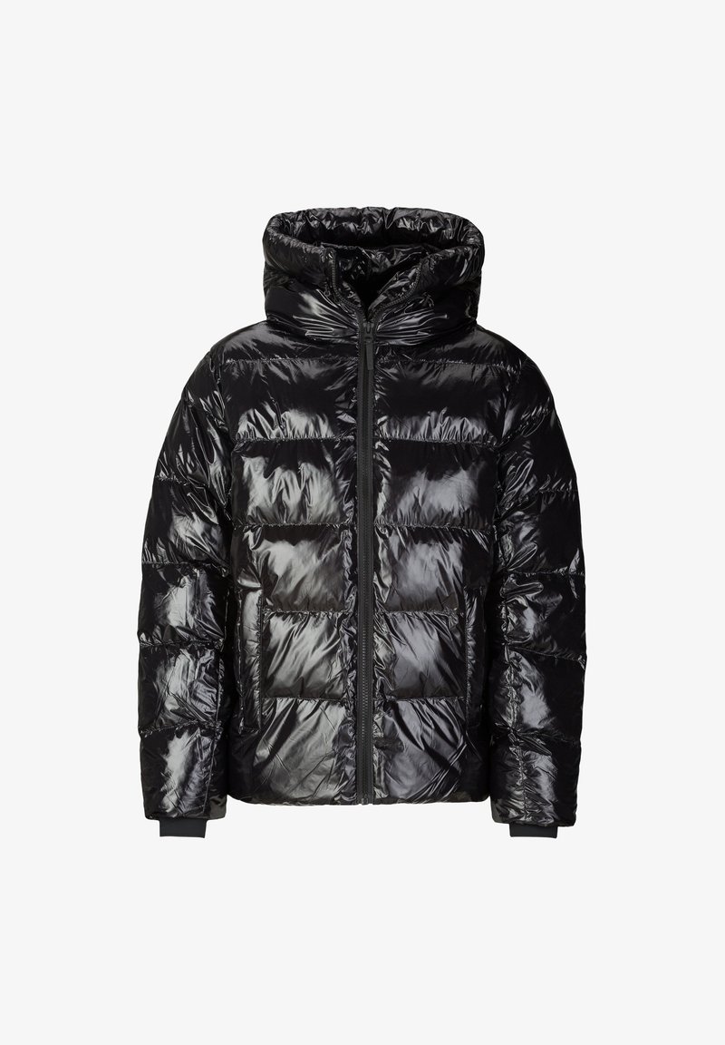 Schwarze Pufferjacke aus glänzendem, gestepptem Material, mit Kapuze, Reißverschluss vorne und elastischen Bündchen; verfügt über ein rechteckiges Steppmuster und Taschen.