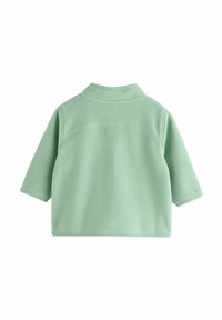 Jachetă din fleece verde deschis, cu guler, mâneci scurte și o textură netedă. Prezintă o cusătură orizontală pe spate.