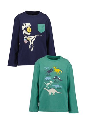 To langærmede børneskjorter, den ene marineblå med et dinosaur-skelet, der spiser en donut, den anden grøn med farverige dinosaurillustrationer og navne.