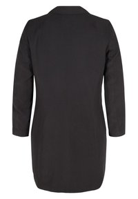 Blazer noir à silhouette structurée, manches longues, col cranté et texture lisse. Présente un design minimaliste sans éléments métalliques visibles.