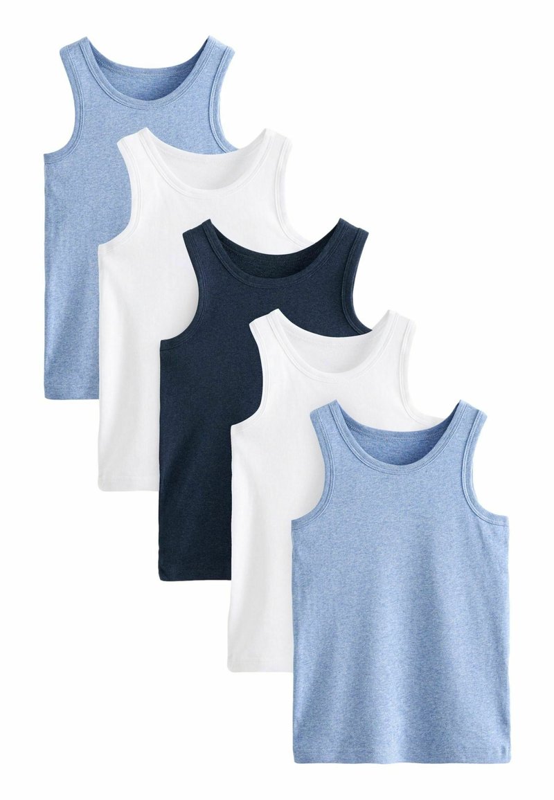 Fünf Tanktops von links nach rechts angeordnet: hellblau, weiß, dunkelblau, weiß und meliert blau. Jedes hat einen runden Halsausschnitt und ärmelloses Design.