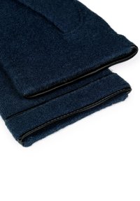 Dark blue wool gloves with black trim on the edges, shown folded against a white background.