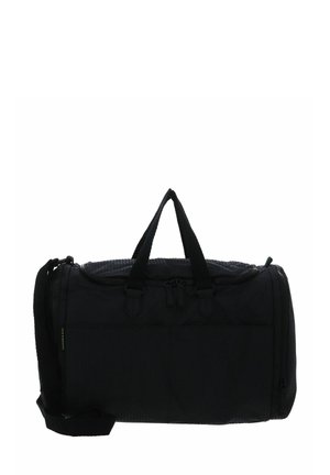 Sac de sport en nylon noir avec doubles poignées et bandoulière amovible, fermeture éclair au sommet, surface texturée et poche latérale pour un rangement supplémentaire.