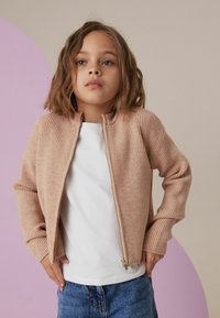 Rebrast pulover z zadrgo v mehkem bež odtenku z okroglim ovratnikom, nošen nad belo srajco, v kombinaciji z modrimi jeansi, na pastelni ozadju.