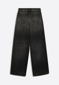 Jean noir à jambes larges vu de dos avec deux poches arrière et une ceinture avec passants pour ceinture.
