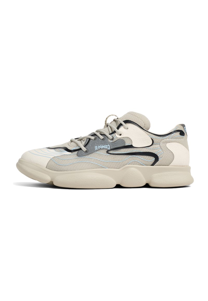 Beige sneaker with textured upper and soft rubber sole. Features blue accents and a wave pattern. Laced design with padded collar.
