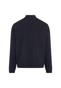 Navy blue jacket with a stand collar, long sleeves, elasticated hem and cuffs, featuring a smooth texture and a simple design.