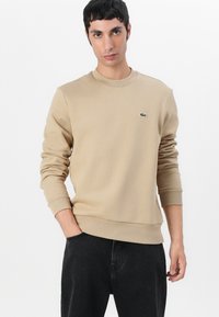 Beige pulóver kerek nyakkal, bordázott mandzsettákkal és aljjal, egy kis zöld logóval a mellkasán. Fekete nadrággal viselve.