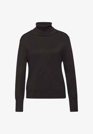 Pull en col roulé noir en tricot doux, avec un design ajusté, des manches longues et des bordures côtelées au niveau du col et des poignets.