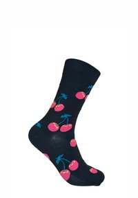 Calcetines de color azul marino hasta la rodilla con un patrón de cerezas rosas brillantes, con tallos azules y detalles amarillos, fabricados en un material suave y elástico.