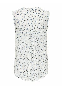 Ærmeløs bluse i hvidt stof med blåt blomstermønster. Har en plisseret ryg og afrundet sømkant for en afslappet pasform.