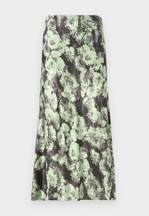 Blumiger Rock mit schwarzem Grundton und hellgrünen Blumenmustern. Das Material wirkt glatt mit einer leicht glänzenden Textur und hat eine ausgestellte Form.