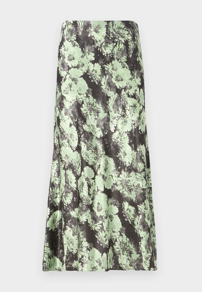 Virágmintás szoknya, fekete alapszínnel, világoszöld virágmintákkal. Anyaga simának tűnik, enyhén fényes textúrával és bővülő fazonnal rendelkezik.