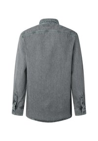 Grijze denim shirt met lange mouwen, knoopmanchetten en een klassieke kraag. Heeft een subtiele textuur en een gebogen onderzoom.