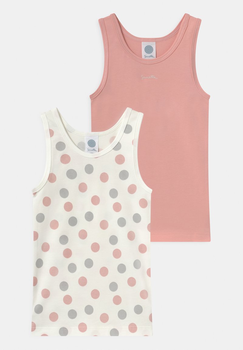 To tanktopper: én ensfarget lys rosa, den andre hvit med grå og rosa prikker. Begge har brede stropper og en klassisk passform.