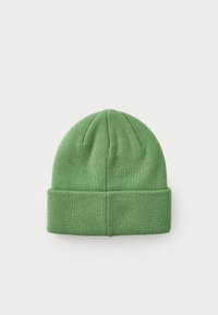 Groene gebreide beanie met een opgerolde rand, gemaakt van zachte, gestructureerde stof. Heeft een naadloos ontwerp en een afgeronde bovenkant.