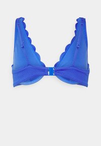 Bralette azul em triângulo com bordas rendadas, detalhe em rede na faixa e alças ajustáveis. Textura suave com um design sólido.