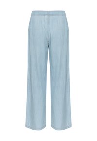 Pantaloni a gamba larga di un blu chiaro realizzati in tessuto morbido, con cintura elastica e senza tasche, caratterizzati da una texture liscia e un design semplice.