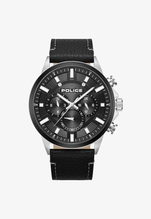 Czarny skórzany zegarek na pasku z czarną wzorzystą tarczą, srebrnymi akcentami i trzema subtarczami. Posiada świecące wskaźniki i teksturowaną obręcz.