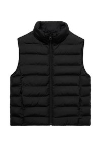 Svart ärmlös vadderad väst med hög krage, hel dragkedja framtill, horisontellt quiltat mönster och en slät, glänsande yta.