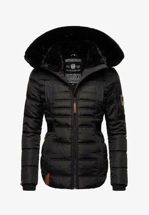 Giacca invernale nera imbottita con grande cappuccio foderato in pelliccia, zip frontale, tasche laterali e toppe con marchio sulla manica e sull'orlo.