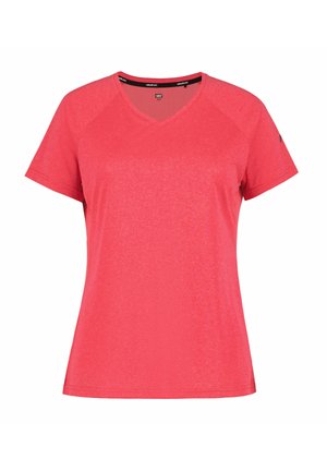 Camiseta deportiva de manga corta para mujer en color rosa brillante sólido, con cuello en V y textura jaspeada sutil.