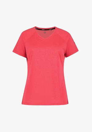 Dames sportshirt met korte mouwen in effen felroze, voorzien van een V-hals en een subtiele gemêleerde structuur.