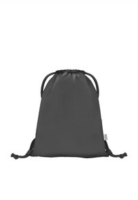 Batoh na stažení z tmavě šedé látky, s hladkou strukturou, stahovacím uzávěrem a dvěma nastavitelnými popruhy pro snadné nošení.