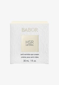 Białe pudełko z wytłaczanym wzorem, złotymi akcentami i beżową etykietą. Tekst głosi "HSR Lifting krem przeciwzmarszczkowy pod oczy," 30 ml, 1 fl. oz.