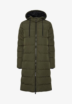 Oliivroheline puffer-jope kapuutsiga, lukuga ja nööpide kinnitamisega, soonilised mansetid, küljetaskud ja horisontaalne õmblustöö muster.