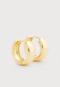 Cercei de tip cerc, de culoare aurie, cu un design neted și rotunjit și închidere deschisă. Au un finisaj lucios, fără modele vizibile.