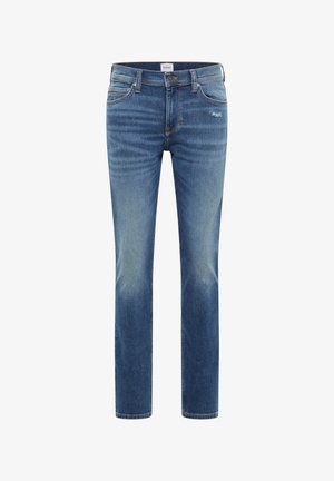 Jeans in denim blu con taglio dritto, lavaggio medio, sbiaditure sottili e dettagli strappati sui taschini anteriori e posteriori. Design classico a cinque tasche.