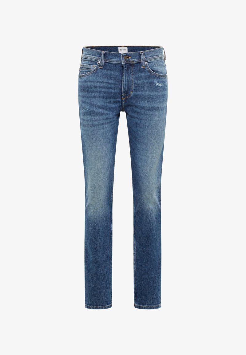 Mėlynos džinsinės kelnes su tiesia siluetu, vidutinio plovimo, subtiliais nudėvėjimo žymenimis, su pažeidimais priekiniuose ir galiniuose kišenėse. Klasikinis penkių kišenių dizainas.