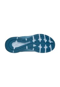 Suela de zapatilla de correr azul con un patrón texturizado, que presenta acentos blancos y almohadillas distintivas para agarre y soporte.