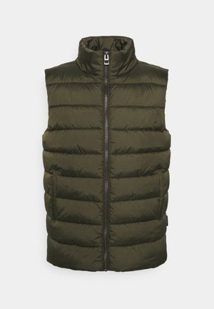 Olivengroene doorgestikte mouwloze pufferbodywarmer met frontrits en twee zijzakken, hoge kraag en horizontale stiknaden.