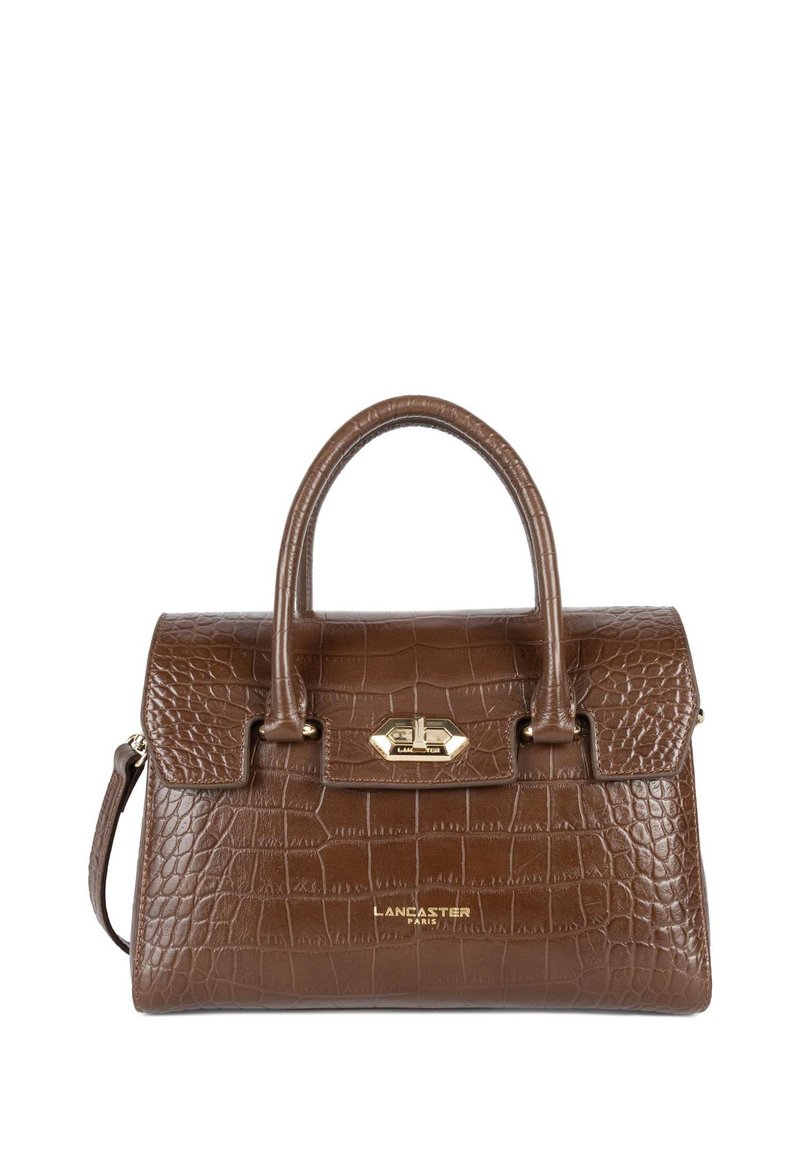 Borsa in pelle marrone con stampa a coccodrillo, dal design strutturato, manici superiori, tracolla removibile e dettagli in oro.