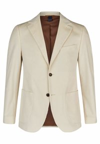 Hellbeige gestreifter Blazer mit Einschlagkragen, zwei vorderen Klapptaschen und brauner Innenauskleidung. Verfügt über zwei Knopfverschlüsse und einen strukturierten Stoff.
