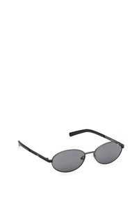 Černé oválné sluneční brýle s tmavými skly, štíhlým kovovým rámem a texturovanými černými stranami. Jednoduchý design s minimem hardwarových detailů.