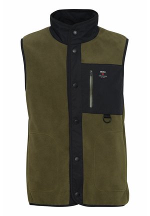 Fleece vest in olijfgroen met een zwart nylon voorpaneel, staande kraag, drukknoopjes en een ritszak aan de voorkant. Bevat een logopatch en een D-ring.