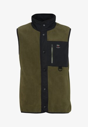 Fleece-Weste in Olivgrün mit einer vorderen Nylonplatte in Schwarz, Stehkragen, Druckknöpfen und vorderer Reißverschlusstasche. Mit Logopatch und D-Ring.