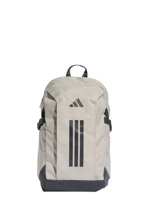 Gray fabric backpack with black accents, featuring a top handle, adjustable straps, and three vertical stripes on the front.
