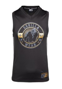 Juoda beRankovė sportinė maikutė su V formos iškirpte, turi centrą su pilka ir auksine gorilos logotipu ir „GORILLA WEAR“ tekstu, pagaminta iš lygaus audinio.