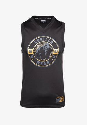 Melnā bezpiepako sporta T-kreklu ar V-veida kaklu, ar centrālo pelēko un zeltaino gorillas logo un "GORILLA WEAR" tekstu, izgatavots no gludas auduma.