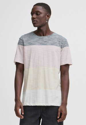 Short-sleeve T-shirt with a crew neck, featuring horizontal stripes in blue-gray, light pink, yellow, and white. Soft, textured fabric.