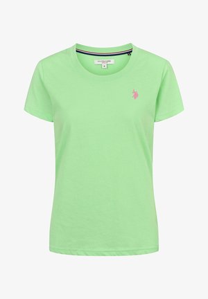 Light green cotton t-shirt with a crew neck, short sleeves, and a small pink logo on the left chest. Smooth texture, casual fit.